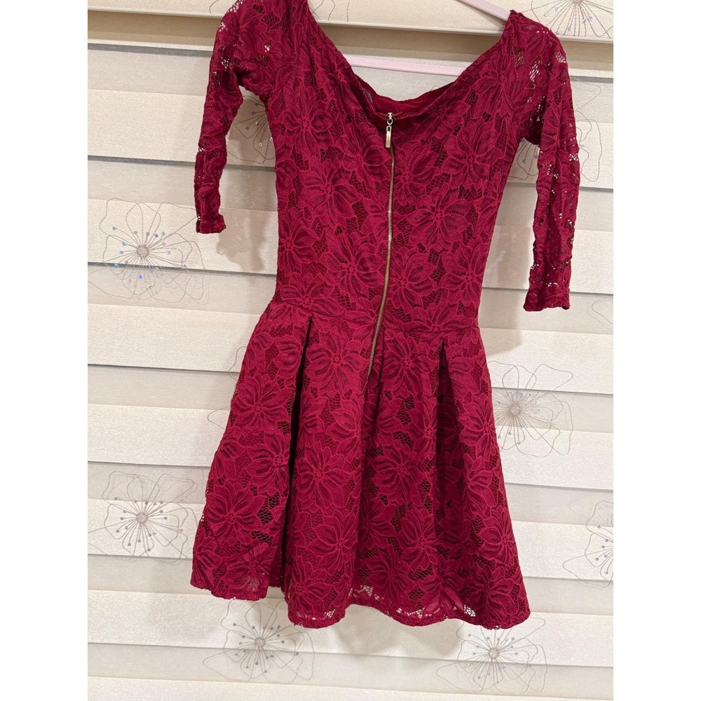 Burgundy Floral Lace Fit and Flare Mini Dress XS 3/4 Sleeve Red.Made in Poland - Picture 7 of 14